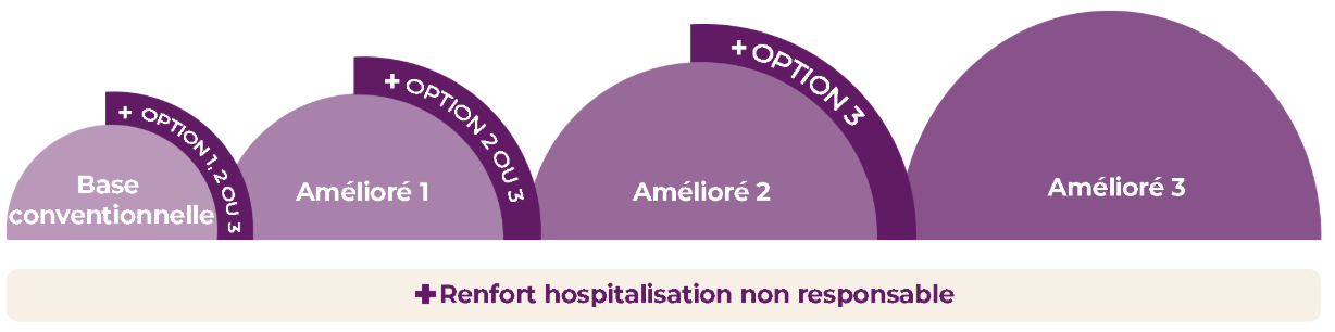 Base conventionnelle avec option 1,2 ou 3. Amélioré 1 avec option 2 ou 3. Amélioré 2 avec option 3. Amélioré 3. + renfort hospitalisation non responsable